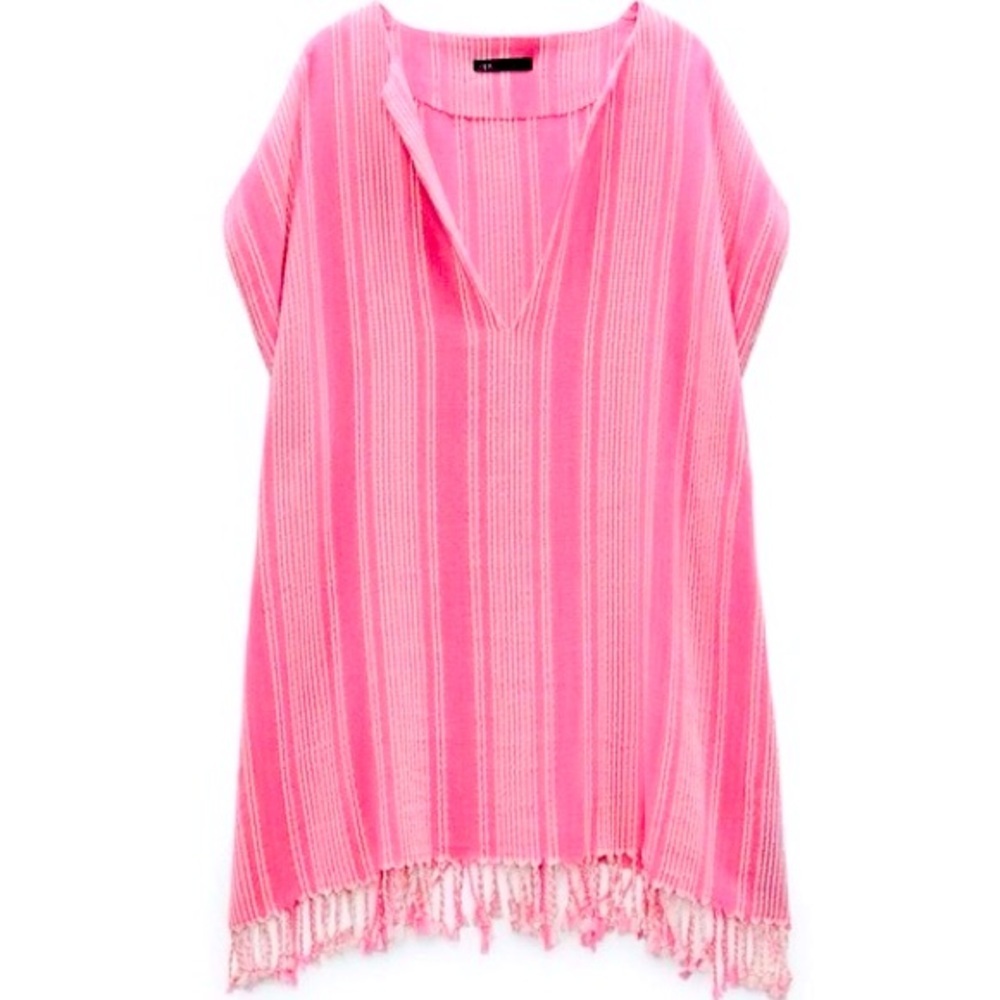 Zara Fringe Rustic Caftan Swim Cover Up pink & white stripes S/M NWT - Picture 4 of 14